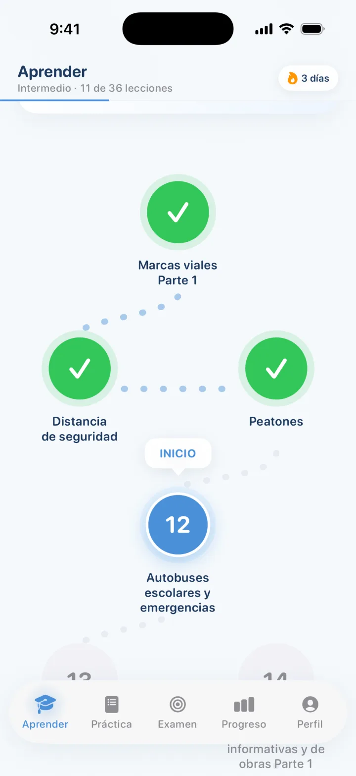 Pestaña Aprender: camino de lecciones con tres completadas y la siguiente marcada con INICIO
