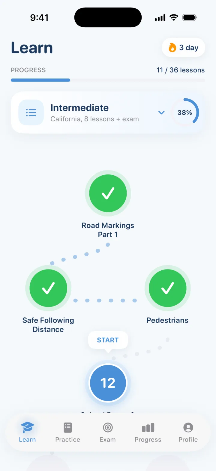 Learn tab: lesson path with three completed lessons and the next one marked START